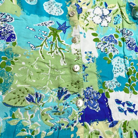Vintage 90s Paradiso Patchwork Tropical Fish Print Beaded Button Up Shirt Beach - Picture 3 of 7